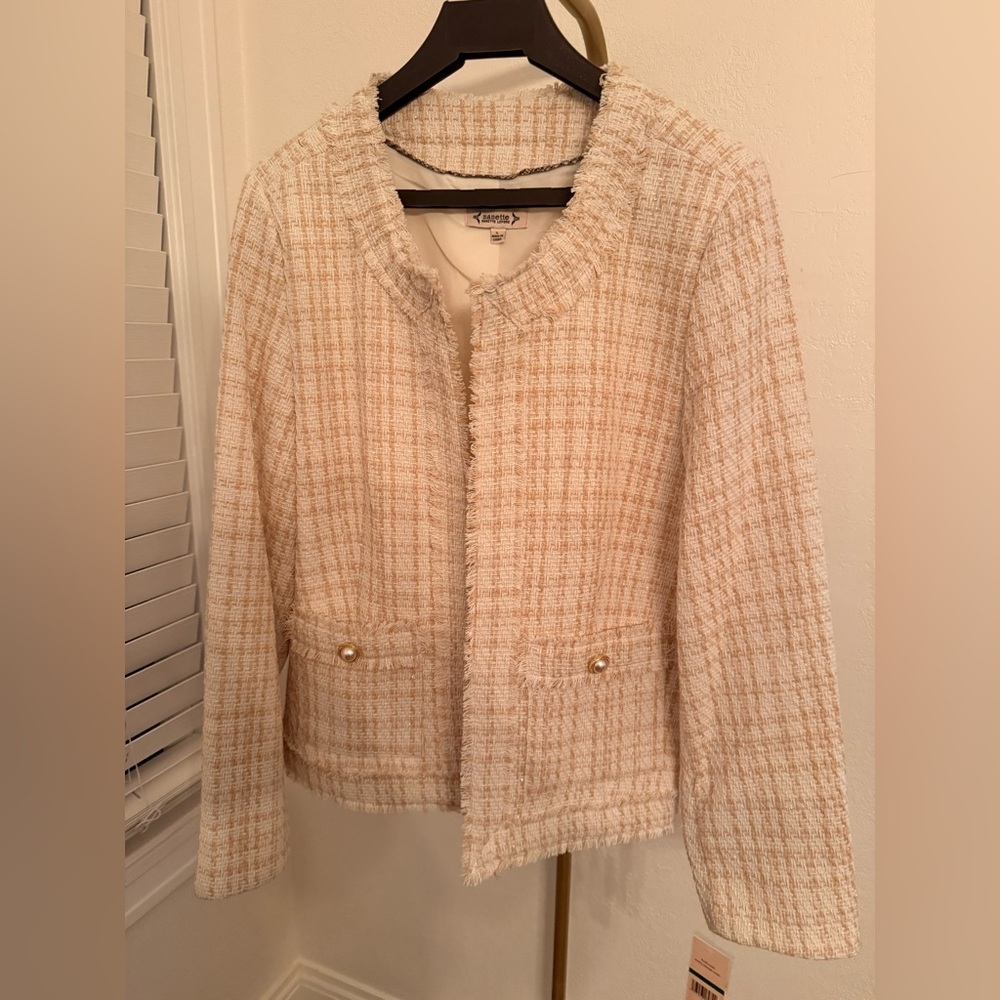 Nanette Lepore Tweed Jacket Pearl Button Fringe Blazer Size L